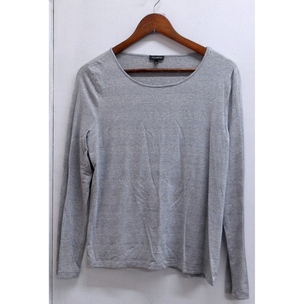 Talbots Womens Silver Sparkle Long Sleeve Crew Neck Top Shirt Size M / #1271